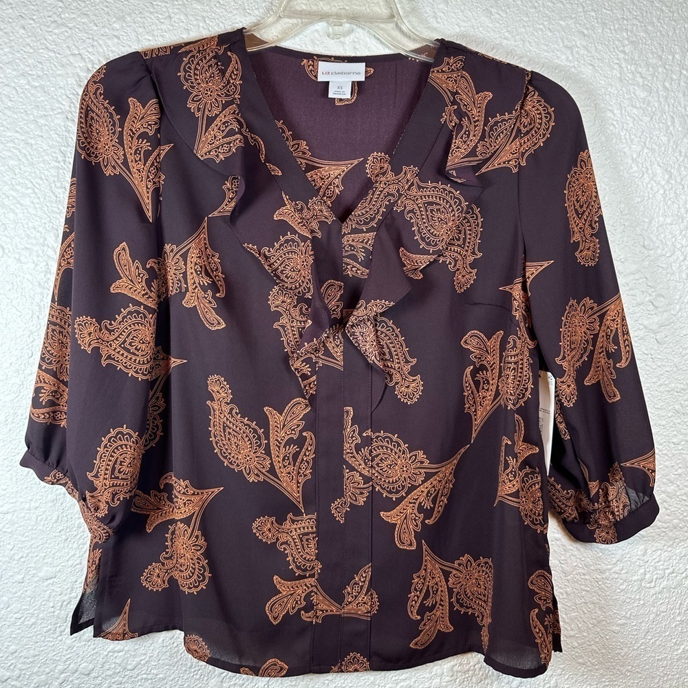 Liz Claiborne Women's Brown Blouse Top 3/4 Sleeve Size XS V-Neck Pullover